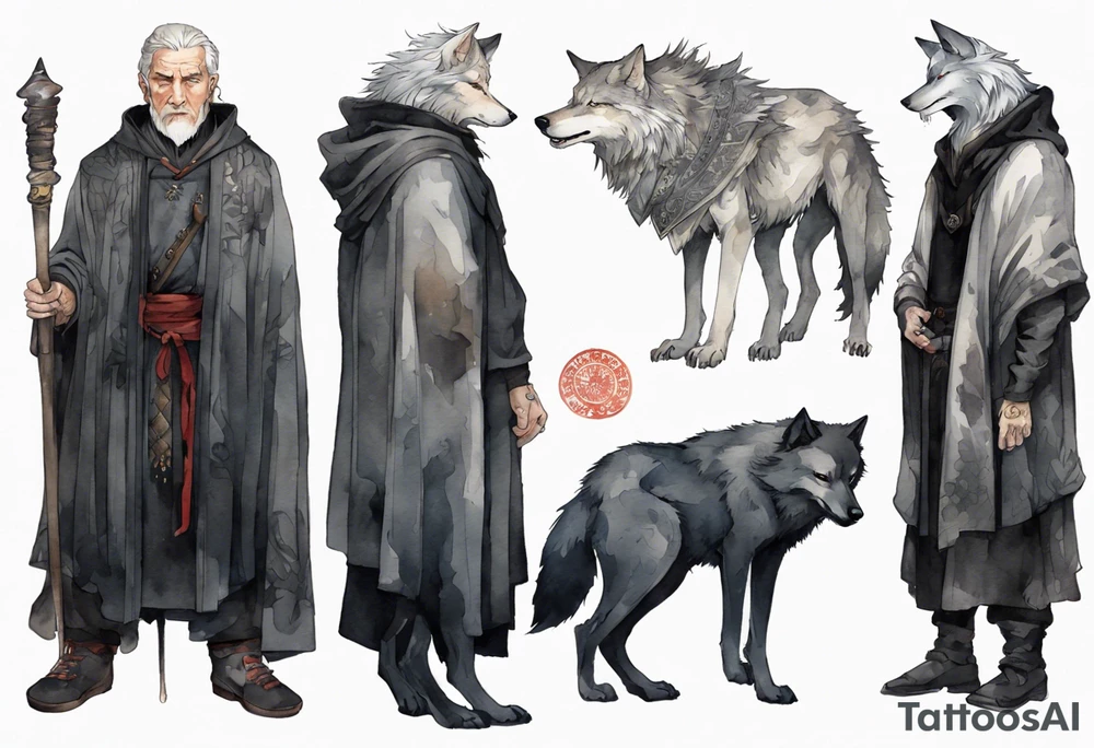 a gaunt medieval man with grey hair, white eyes, and a black cloak standing beside a massive grey wolf tattoo idea