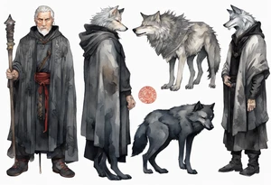 a gaunt medieval man with grey hair, white eyes, and a black cloak standing beside a massive grey wolf tattoo idea