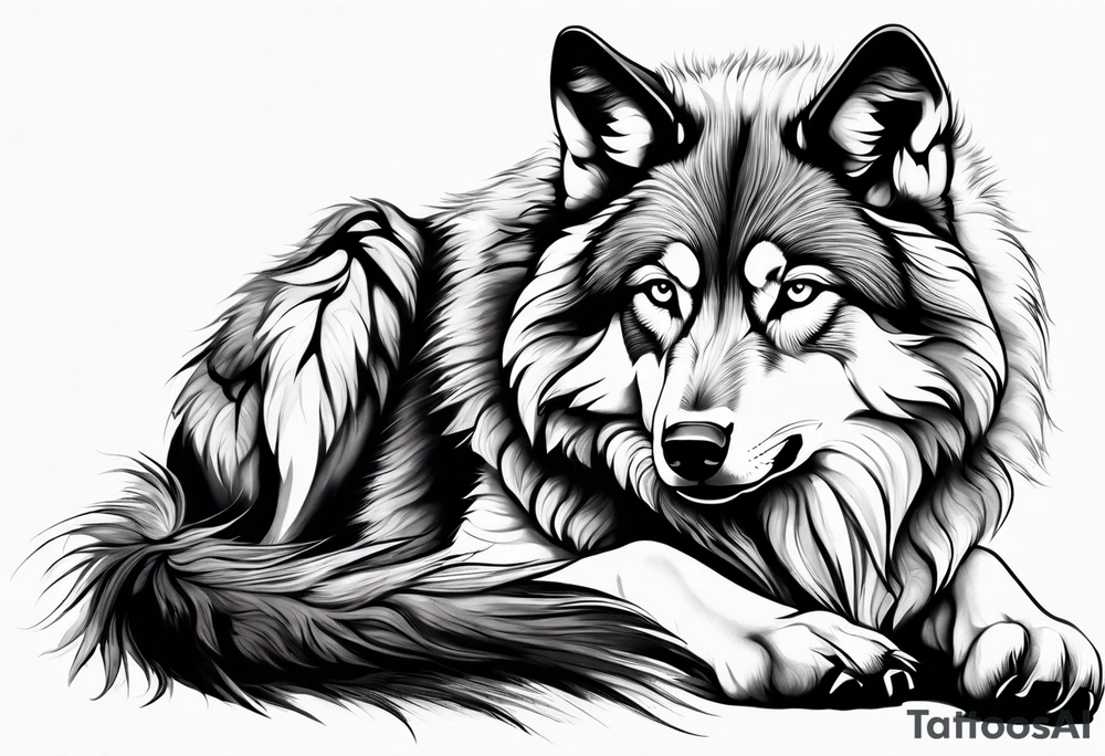Fluffy wolf sitting tattoo idea