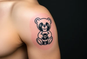 minimalist teddy bear with vinyl records as eyes smiling and sitting on a record tattoo idea