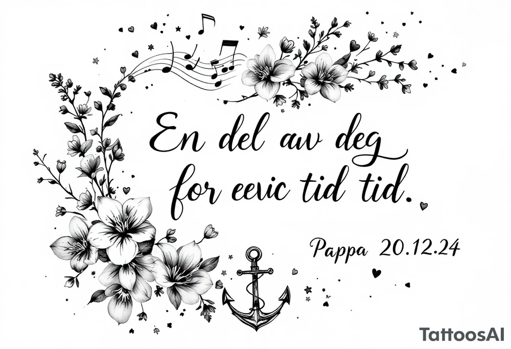 make a qoute saying "En del av deg for evig tid. 
Pappa 20.12.24"
Surrounded by delicate long blossom gladious, music notes, hearts and an anchor on the lower right side tattoo idea