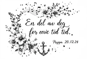 make a qoute saying "En del av deg for evig tid. 
Pappa 20.12.24"
Surrounded by delicate long blossom gladious, music notes, hearts and an anchor on the lower right side tattoo idea