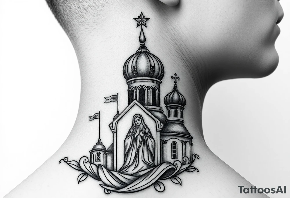Flowing Scene

A onion domes orthodox church
Virgin Mary in prayer pose wrapping around the lower neck curve
A small double headed russian coat of arms eagle or just the star tucked above the dome near the hairline tattoo idea
