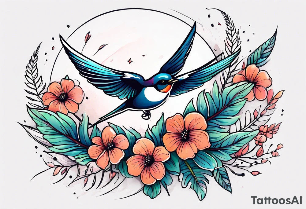 Swallow birds and floral background with ferns tattoo idea