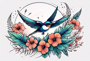Swallow birds and floral background with ferns tattoo idea