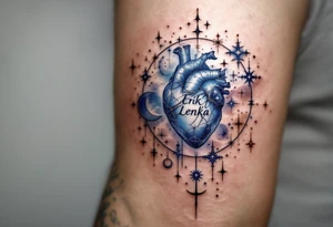 A heart surrounded by celestial bodies, with stars, a crescent moon, and the name "Erik Lenka" written in an elegant, silver font, surrounded by soft shades of midnight blue. tattoo idea