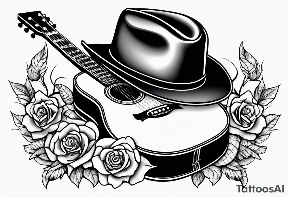 Country acoustic guitar with cowboy hat, barbed wire and roses in background, sleeve tattoo tattoo idea