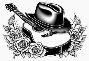 Country acoustic guitar with cowboy hat, barbed wire and roses in background, sleeve tattoo tattoo idea