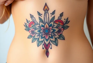 psychedelic  tattoo with crystals and  mandala style flowers and mushrooms under boobs tattoo idea