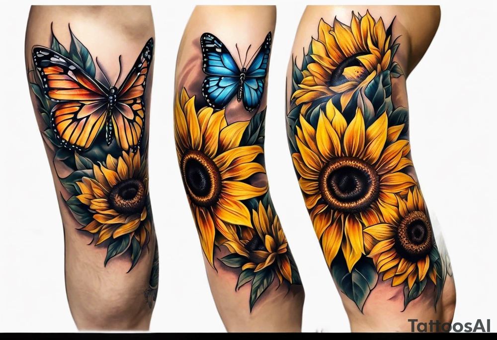 Sunflower and butterfly leg sleeve tattoo idea