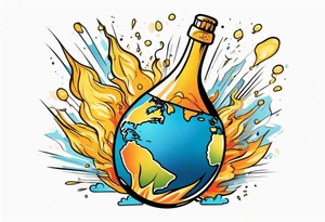 A champagne bottle exploding above the earth tattoo idea