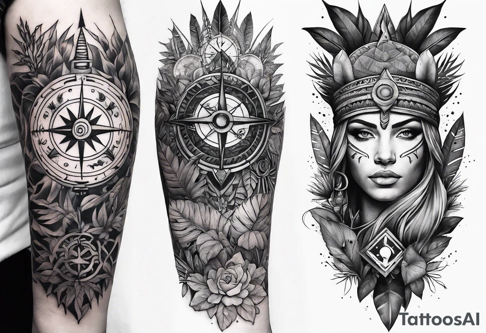 sleeve tattoo with jungle plants, Viking compass, all-seeing eye tattoo idea