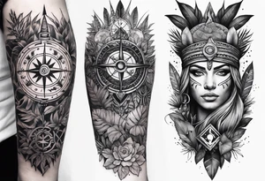 sleeve tattoo with jungle plants, Viking compass, all-seeing eye tattoo idea