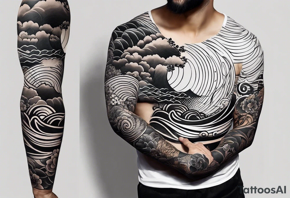 full sleeve tattoo - enso on shoulder, waves and arm band on forearm. the rest should be japanese inspired tattoo idea