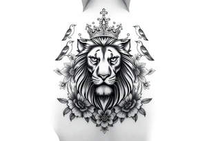 powerful majestic lion with a crown, surrounded by floral ornaments and birds tattoo idea
