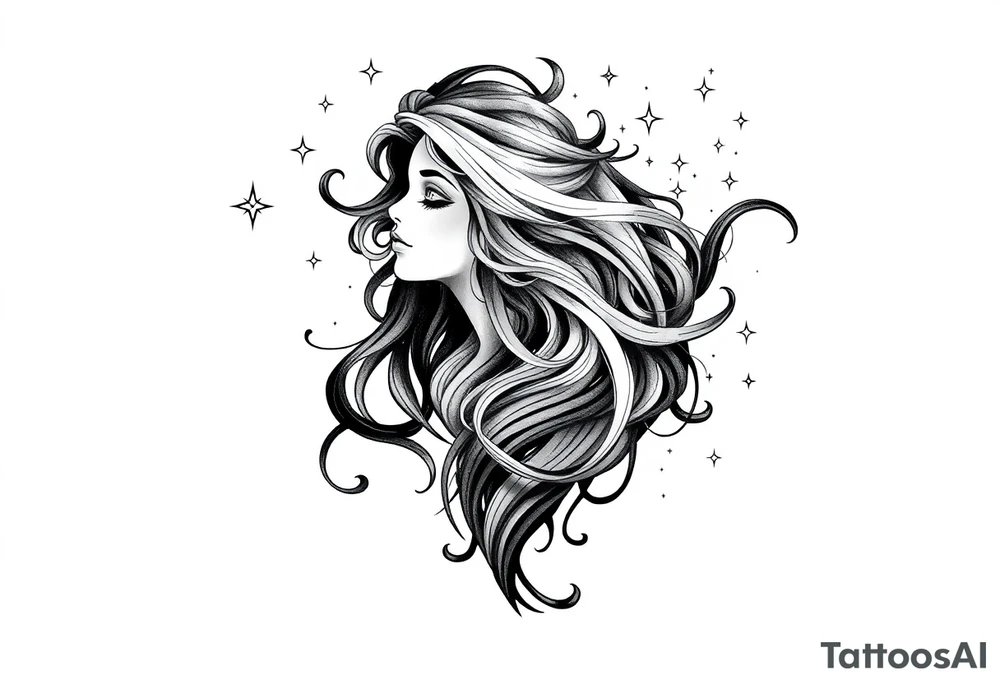 ethereal goddess with flowing hair and beautiful celestial stars tattoo idea