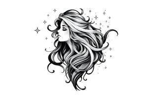 ethereal goddess with flowing hair and beautiful celestial stars tattoo idea
