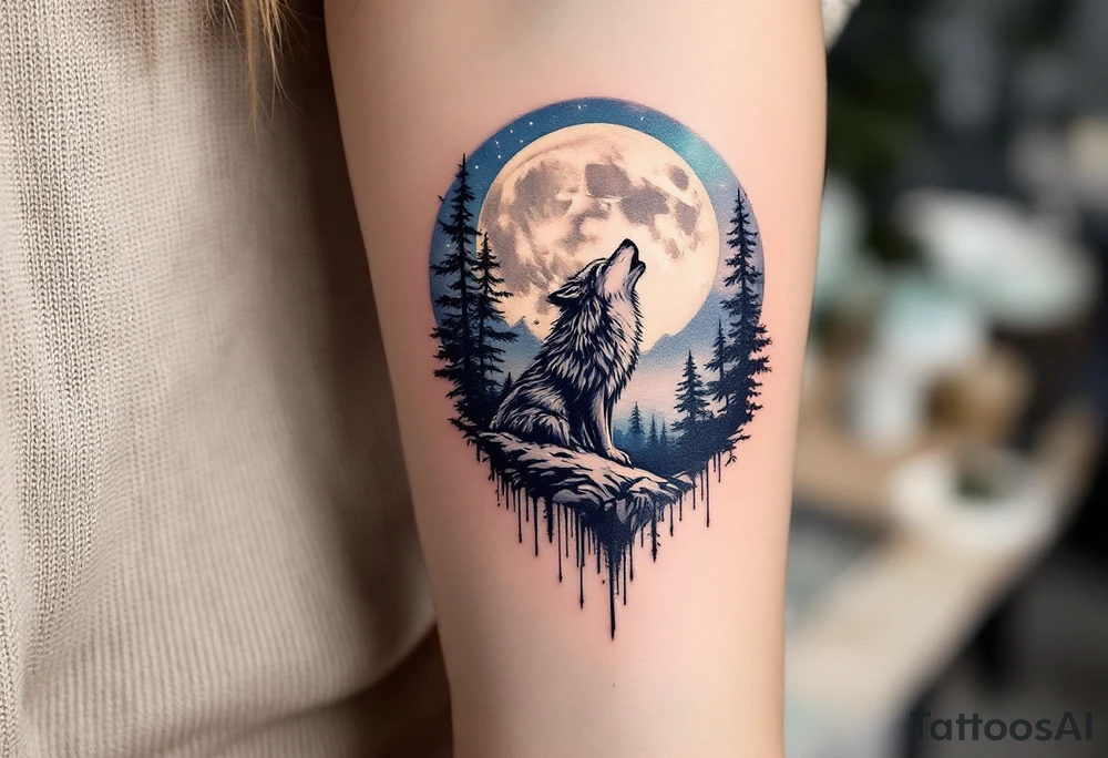 lone wolf howling at full moon with northern lights backdrop tattoo idea