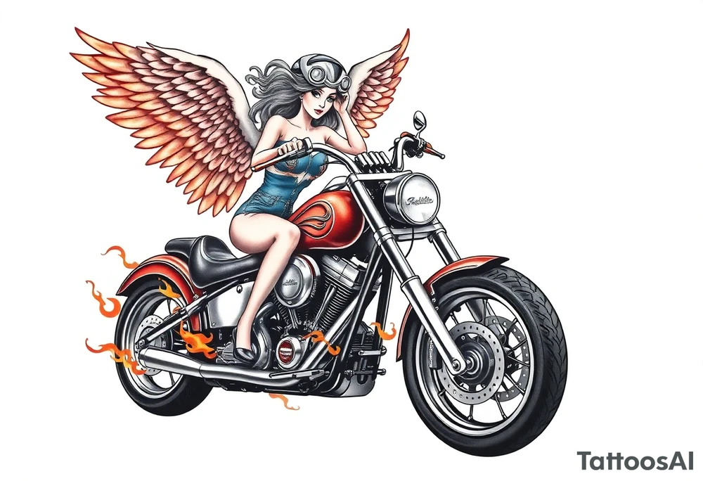 Low rider motorcycle, flames, angel wings tattoo idea