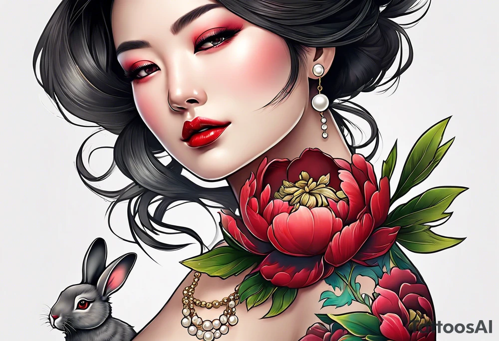 Red peony with a pearl necklace and a rabbit tattoo idea