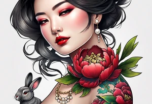 Red peony with a pearl necklace and a rabbit tattoo idea