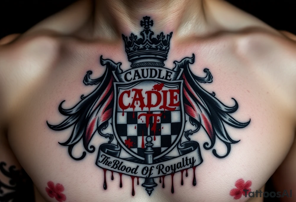 Men Crest  with A king crown on top, CAUDLE written inside red, a chessboard, blood splatter on top of two red racing flags & OTF inside, Smoke surrounding the outside of the crest, & The Words The Blood Of Royalty in red underneath the crest & a King chess piece surrounding the outside of the crest, And raining blood tattoo idea