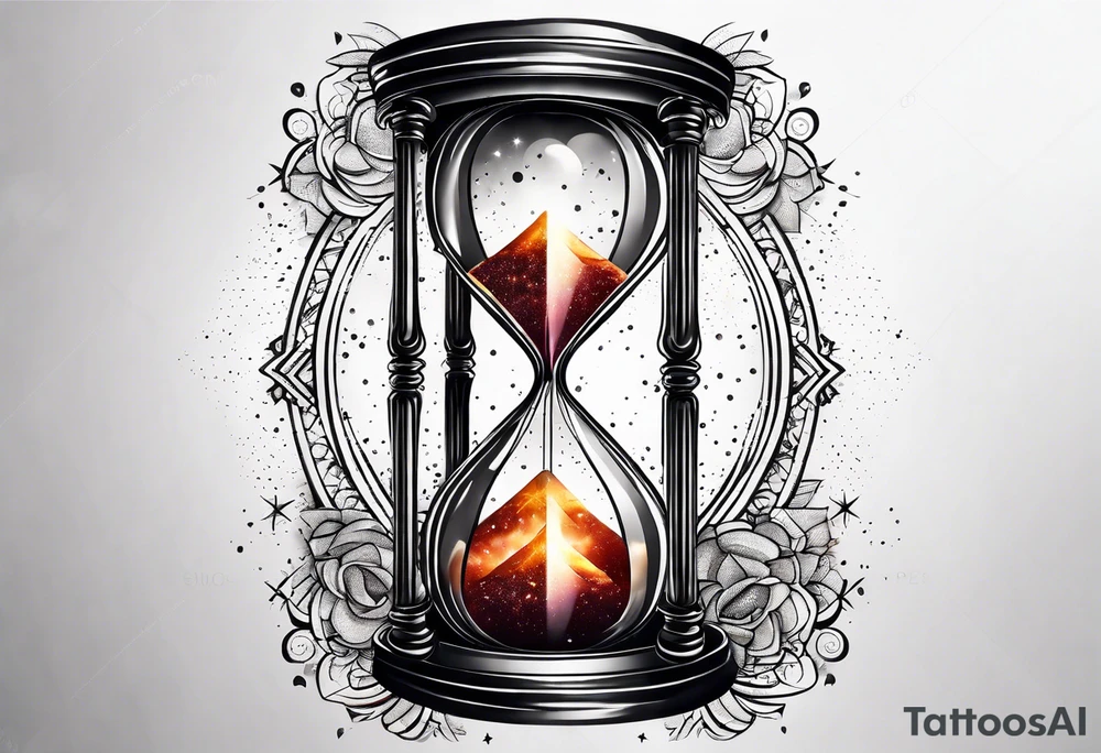 Hourglass with star stuff and cosmic dust exploding from the top and bottom of the hourglass. Long tattoo to fit on the forearm tattoo idea