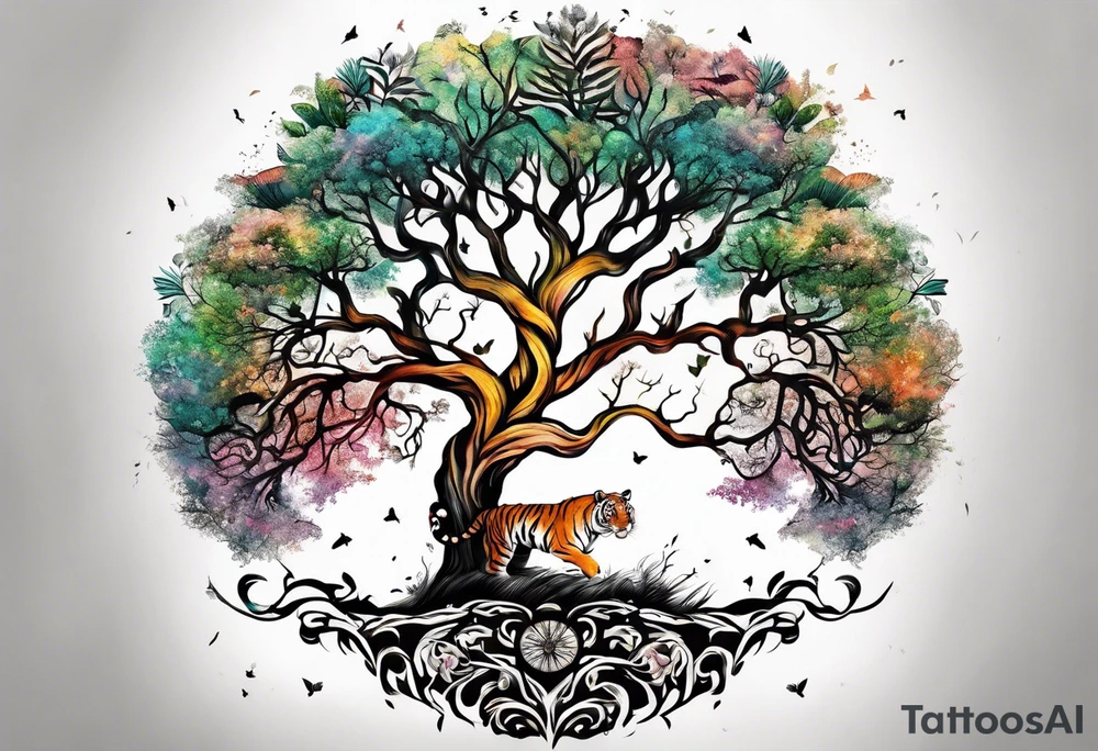 Tree of life with the roots going into a tigers stripes tattoo idea