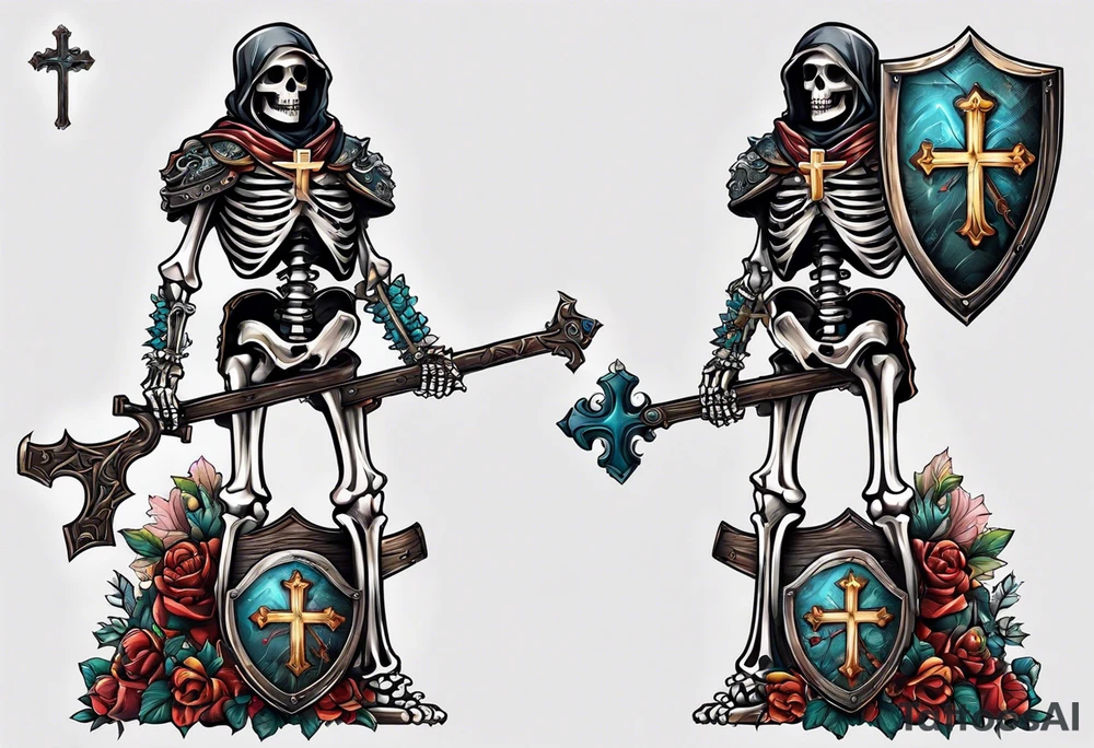 skeleton holding a shield with a cross on it tattoo idea