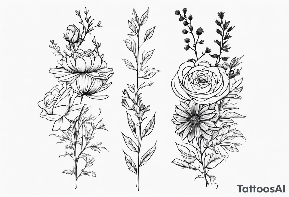 Asters, roses, hawthorns, and chrysanthemums in a long line tattoo idea