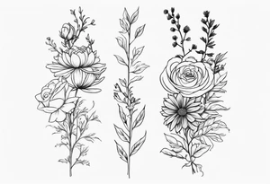 Asters, roses, hawthorns, and chrysanthemums in a long line tattoo idea