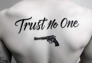 Trust No One in calligraphy writing
With a small gun below it tattoo idea