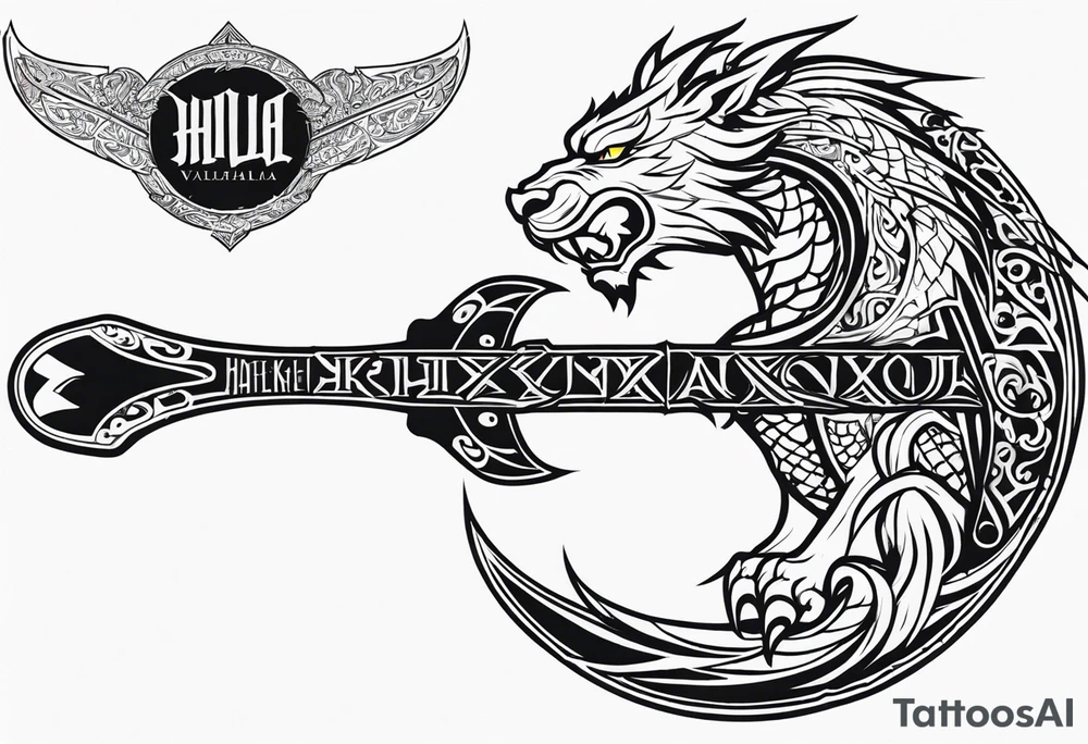 Valhalla sword shield dragon axe lion tattoo idea