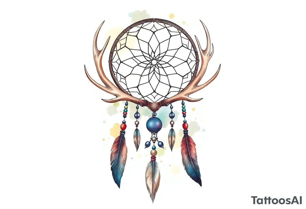 Dreamcatcher made from deer antlers with feathers and beads hanging off it tattoo idea