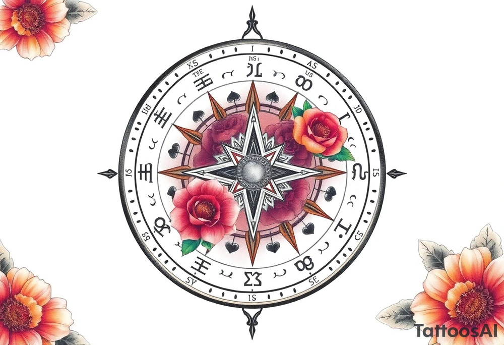 zodiac symbols the elements and Norse runes within ornate compass with roses lilly sunflowers tattoo idea