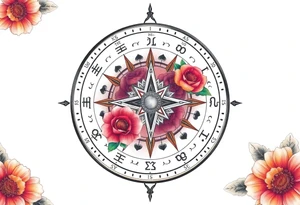 zodiac symbols the elements and Norse runes within ornate compass with roses lilly sunflowers tattoo idea