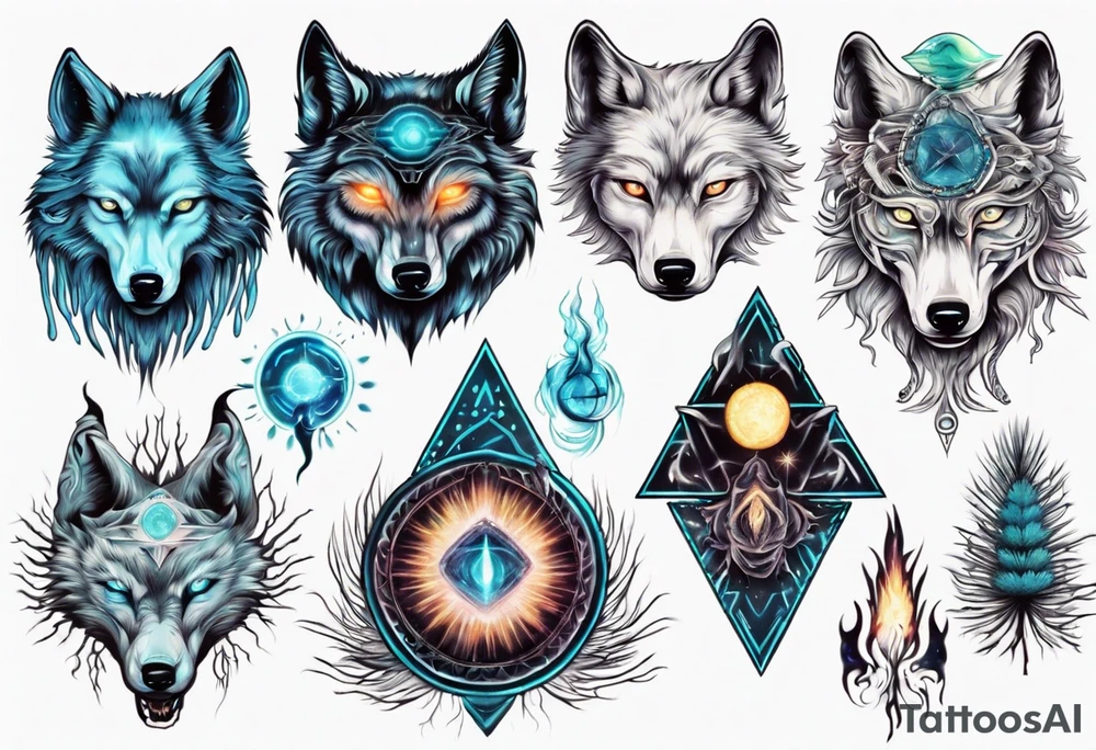 A wolf with a glowing pineal gland and spiritual symbolism tattoo idea