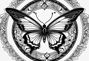 Minimalistic butterfly on the background of the mandala diamond network tattoo idea