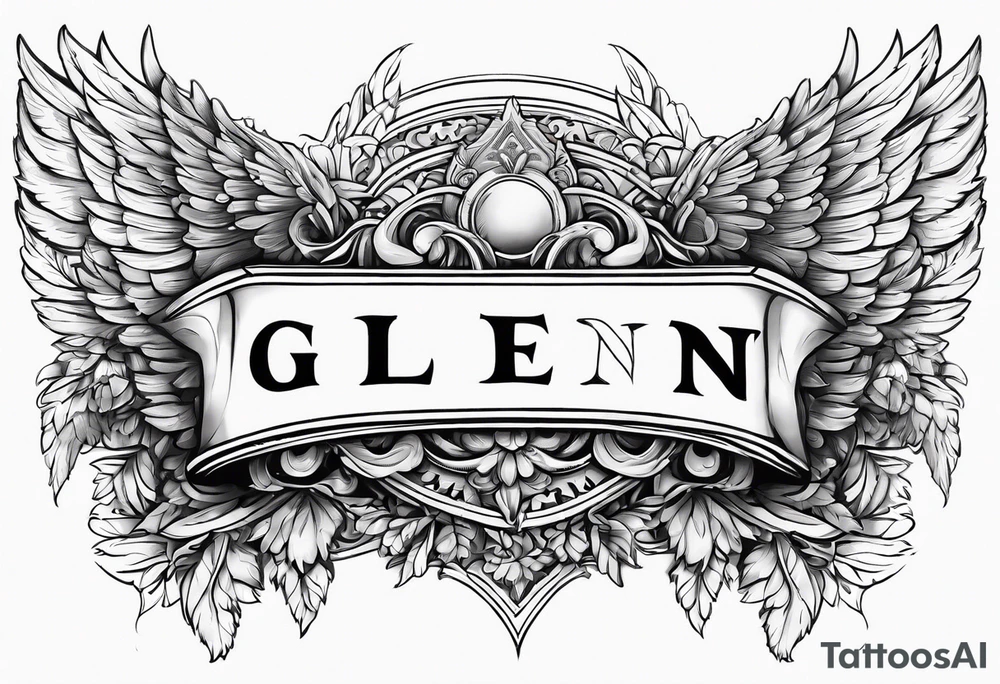 The word Glenn on a banner with angel Wings tattoo idea