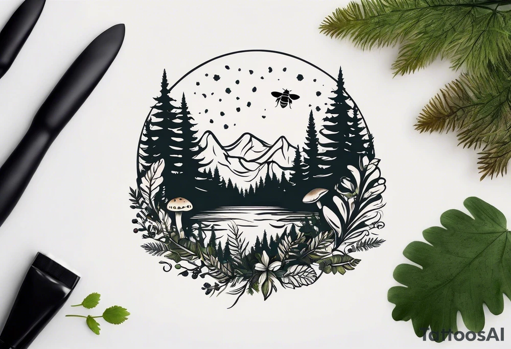 forest floor inspired minimalist tattoo, which includes grass, curly ferns, moss and dead leaves as the bulk of the tattoo. details to include: forest berries, a tiny bumblebee flying nearby, three small brown mushrooms
Generate a vertically long one tattoo idea