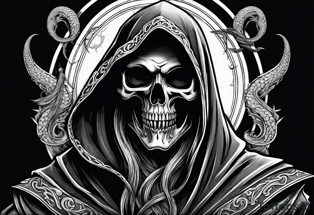 Grim reaper with a kraken in the background tattoo idea