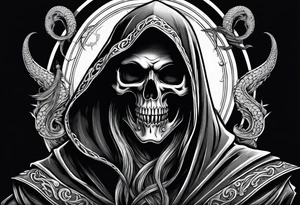 Grim reaper with a kraken in the background tattoo idea
