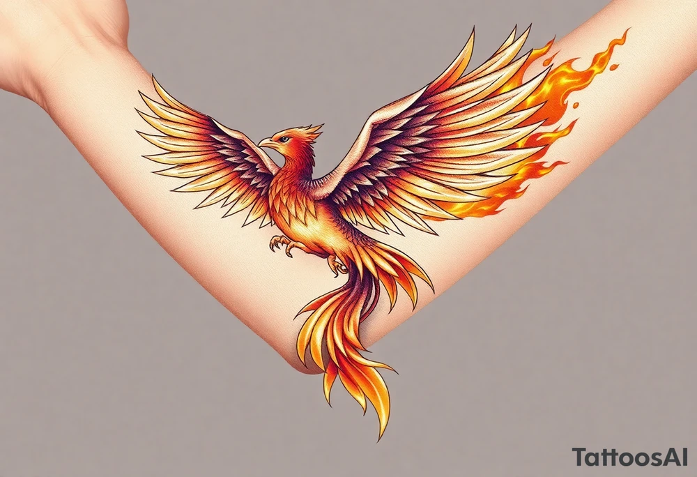 magnificent phoenix rising from golden flames with trailing embers tattoo idea