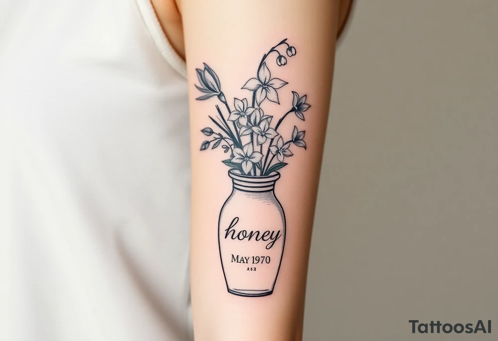 lily of the valley, hawthorn and bird of paradise in a vase that says 'honey' on it with the date may 26 1970 in roman numerals tattoo idea