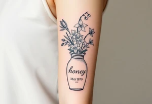 lily of the valley, hawthorn and bird of paradise in a vase that says 'honey' on it with the date may 26 1970 in roman numerals tattoo idea