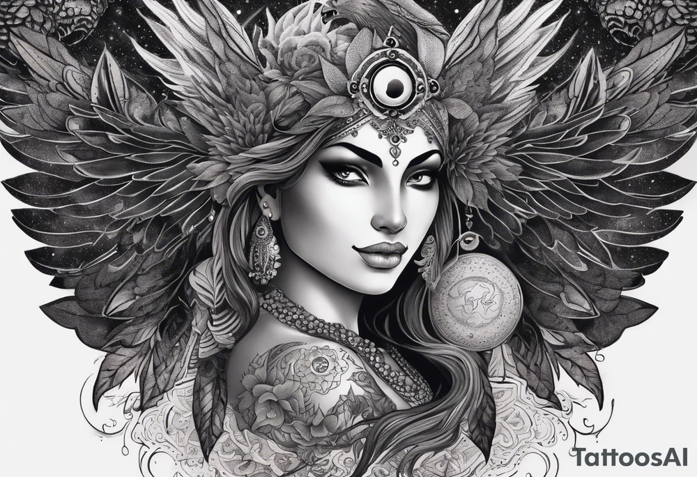 black kali, goddess pirate, alien, angel, pachamama, valkrye, warrior, flying, skull, lotus azul, wing, eagle, zenza resonance, stars, 5D, anahata chakra, death, durga, riding on a tiger, flying lady, kundalini, chest tatoo, samuri, rebel, serpent tattoo idea