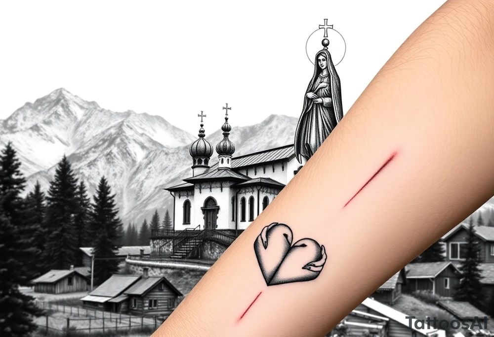 Russian Orthodox church with orthodox spire crosses in a mountainous village setting, with a holy glow around the church, and a virgin mary sat seperately above looking over hands on heart sat above tattoo idea