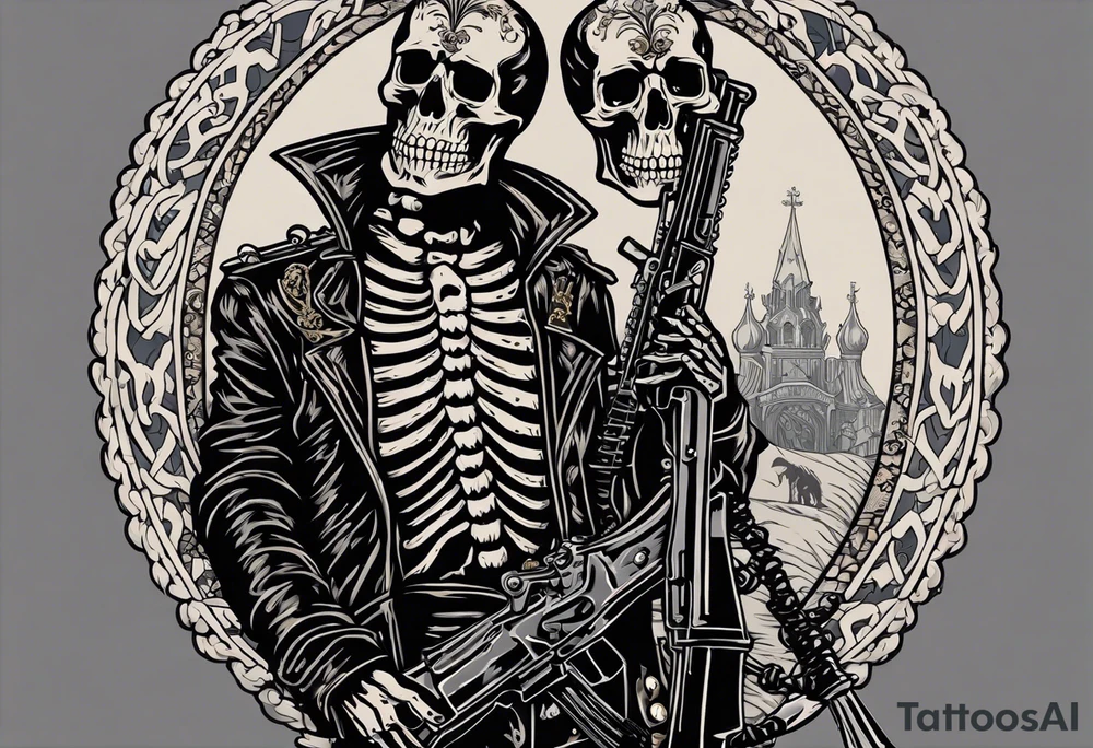 image of a skeleton standing frontally with a crown on his head, holding an AK-47 on his shoulder with his right hand. The chain on the left should be taut, there are three angry barking Dobermans in it, near the waist tattoo idea