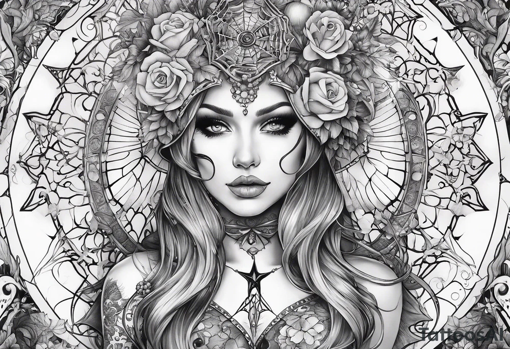 Full sleeve with fairy’s and skulls and spiderwebs tattoo idea