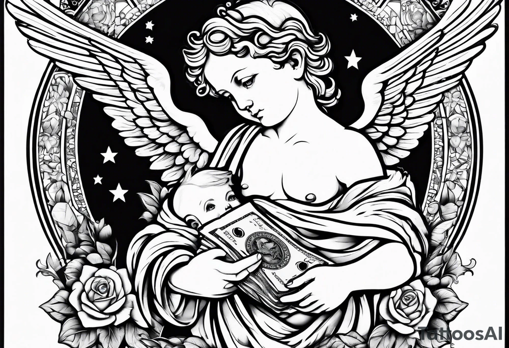 cherub outline holding a bag of money tattoo idea